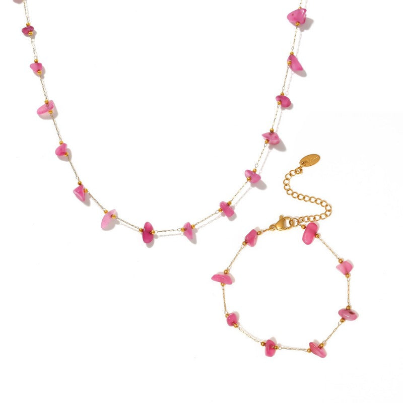 Wholesale Bohemian Pink Natural Stone Light Luxury Handmade Clavicle Necklace Bracelet Stainless Steel Women's Exquisite Set